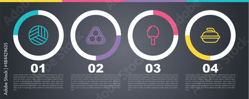 Set line Volleyball ball, Billiard balls in rack triangle, Racket for playing table tennis and Stone curling sport game. Business infographic template. Vector