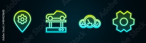 Set line Location with car service, Repair lift, Speedometer and Gear. Glowing neon icon. Vector