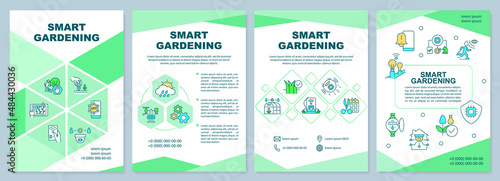 Smart gardening green brochure template. Automated systems. Leaflet design with linear icons. 4 vector layouts for presentation, annual reports. Arial-Black, Myriad Pro-Regular fonts used