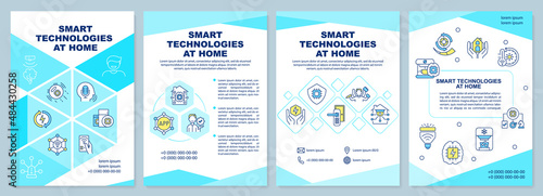 Smart technologies at home turquoise brochure template. Gadgets control. Leaflet design with linear icons. 4 vector layouts for presentation, annual reports. Arial-Black, Myriad Pro-Regular fonts used