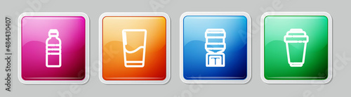 Set line Bottle of water, Glass with, Water cooler and filter cartridge. Colorful square button. Vector
