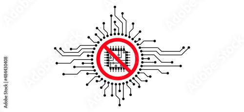 stop CPU con pictogram. Central Processing Unit. No ban vector symbol. Circuit board or electronic motherboard. lines and dots connect. digital tech. cpu, pcb printed circuit.