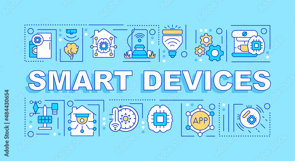 Smart devices word concepts turquoise banner. Appliances and gadgets. Infographics with icons on color background. Isolated typography. Vector illustration with text. Arial-Black font used Smart devices word concepts turquoise banner. Appliances and gadgets. Infographics with icons on color background. Isolated typography. Vector illustration with text. Arial-Black font used