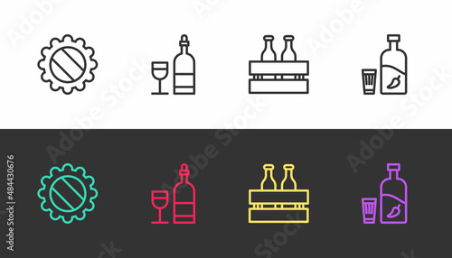 Set line Bottle cap, Wine bottle with glass, Pack of beer bottles and Vodka pepper and on black and white. Vector