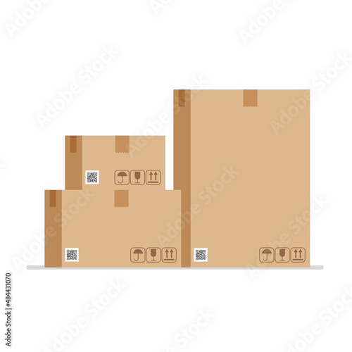Pile of brown cardboard boxes. Warehouse parts box on wood tray. Cargo box. Vector illustration isolated on white background