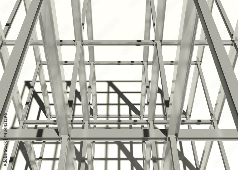 steel structure of iron beams, site under construction metal structure, new building, energy efficiency and building renovation concept, 3D illustration, 3D rendering