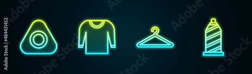 Set line Sewing chalk, Sweater, Hanger wardrobe and thread. Glowing neon icon. Vector