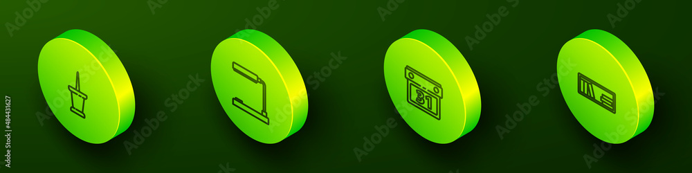 Set Isometric line Push pin, Table lamp, Calendar and Shelf with books icon. Vector Set Isometric line Push pin, Table lamp, Calendar and Shelf with books icon. Vector