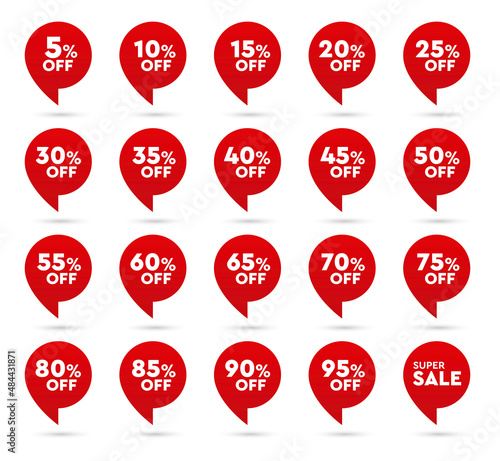 Discount stickers with percentage off. Discount from 5% off to 95% off. Vector sale tags isolated on white