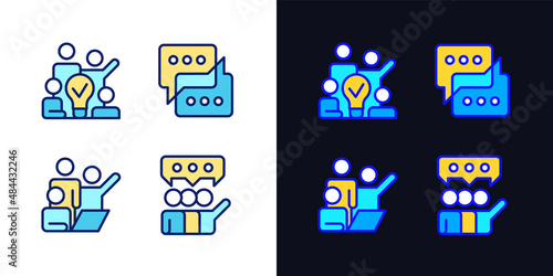 Group tasks pixel perfect light and dark theme color icons set. Sharing opinions. Simple filled line drawings. Bright cliparts on white and black. Editable stroke. Quicksand-Light font used