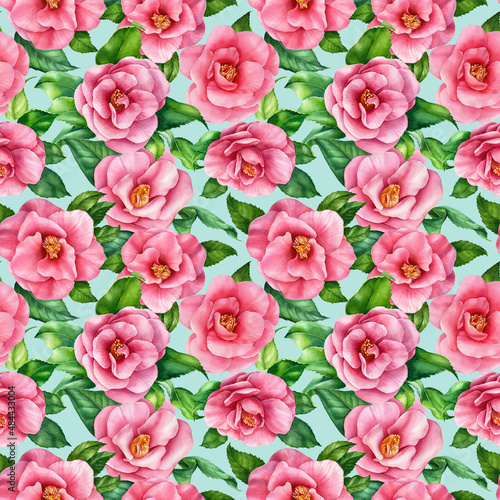 Watercolor Camellia flowers  seamless pattern