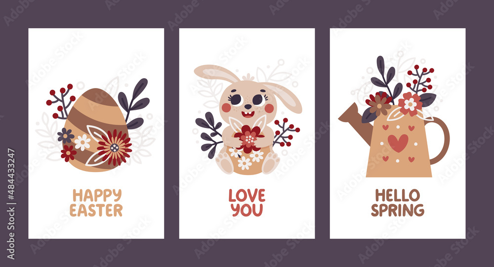 Cute vector Easter cards with funny bunny, eggs, watering can, floral compositions, plants, leaves, flowers. Hello Easter greeting cards in boho style Cute vector Easter cards with funny bunny, eggs, watering can, floral compositions, plants, leaves, flowers. Hello Easter greeting cards in boho style