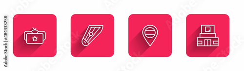 Set line Ushanka, Kankles, Location Russia and Mausoleum of Lenin with long shadow. Red square button. Vector