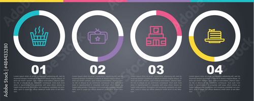Set line Sauna bucket, Ushanka, Mausoleum of Lenin and Medovik. Business infographic template. Vector