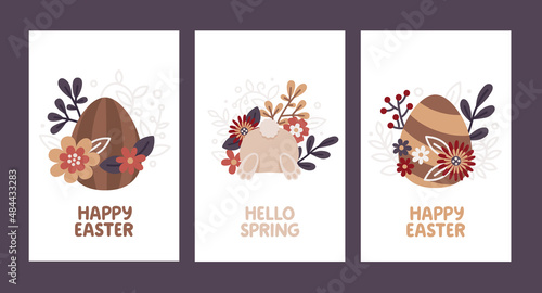 Cute vector Easter cards with funny bunny, eggs, floral compositions, plants, leaves, flowers. Hello Easter greeting cards in boho style