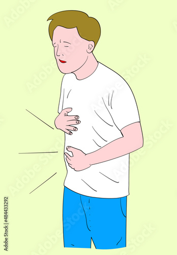Unhealthy man suffer from stomach ache or gastritis. Unwell male touch belly struggle with abdominal pain. Hand drawn style vector design illustrations.