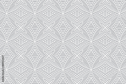 Embossed ethnic white background, abstract cover design, art deco style. Geometric monochrome 3D pattern. National flavor of the peoples of the East, Asia, India, Mexico, Aztecs.
