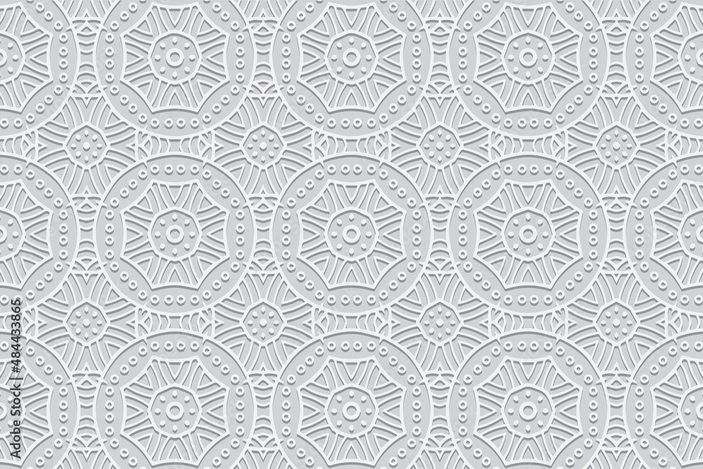 Embossed ethnic white background, beautiful cover design, art deco style. Geometric monochrome 3D pattern. National flavor of the peoples of the East, Asia, India, Mexico, Aztecs. 