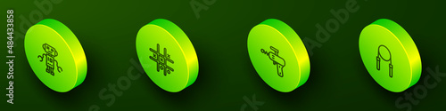 Set Isometric line Robot toy, Tic tac toe game, Ray gun and Jump rope icon. Vector