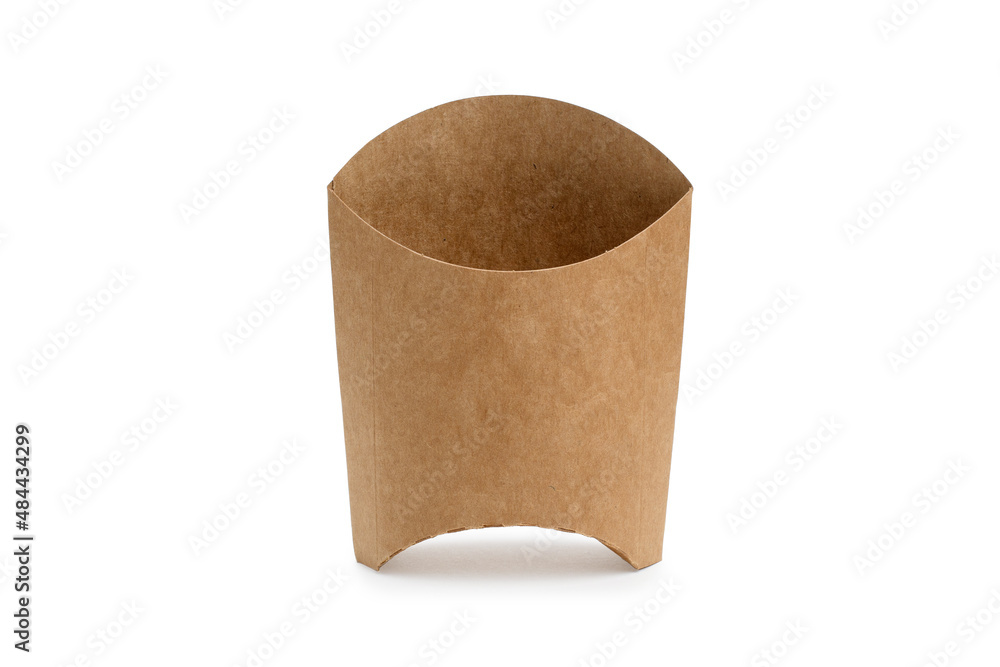 Empty box for french fries from biodegradable brown paper on a white background. Isolated object, template for advertising. Empty box for french fries from biodegradable brown paper on a white background. Isolated object, template for advertising.