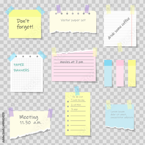 Notes paper sheets attached with adhesive tape. Meeting reminder, to-do list and memo notice, letter on piece of paper, notepad or notebook page with torn sides and stickers 3d realistic vector set