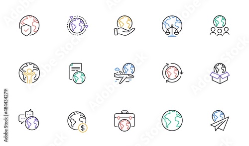 World business line icons set. Financial transactions, translate language, outsource business. International organization, global law, world map icons. Delivery service, global outsource. Vector