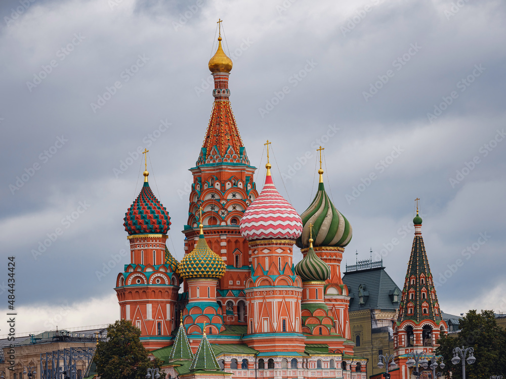 travel to moscow, russia, main tourist attractions. Basil's Cathedral on Red Square in Moscow on a cloudy day