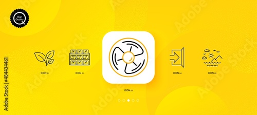 Sea mountains, Boxes shelf and Air fan minimal line icons. Yellow abstract background. Exit, Leaves icons. For web, application, printing. Vector