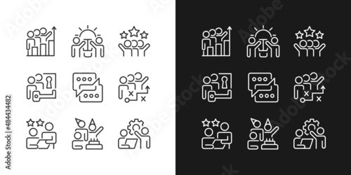 Team activity pixel perfect linear icons set for dark, light mode. Cooperation and teamwork to work on project. Thin line symbols for night, day theme. Isolated illustrations. Editable stroke
