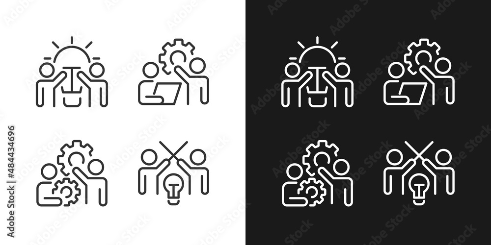 Successful teamwork pixel perfect linear icons set for dark, light mode. New ideas. Coordination and collaboration. Thin line symbols for night, day theme. Isolated illustrations. Editable stroke