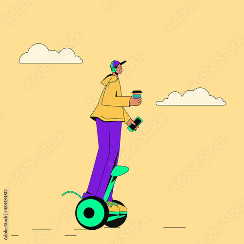 Man on a segway makes a morning exercise. Means of individual mobility. Simple vector illustration in flat cartoon style.