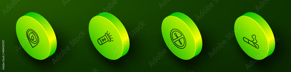 Set Isometric line Location with fire flame, Flashlight, No match and Cigarette icon. Vector Set Isometric line Location with fire flame, Flashlight, No match and Cigarette icon. Vector