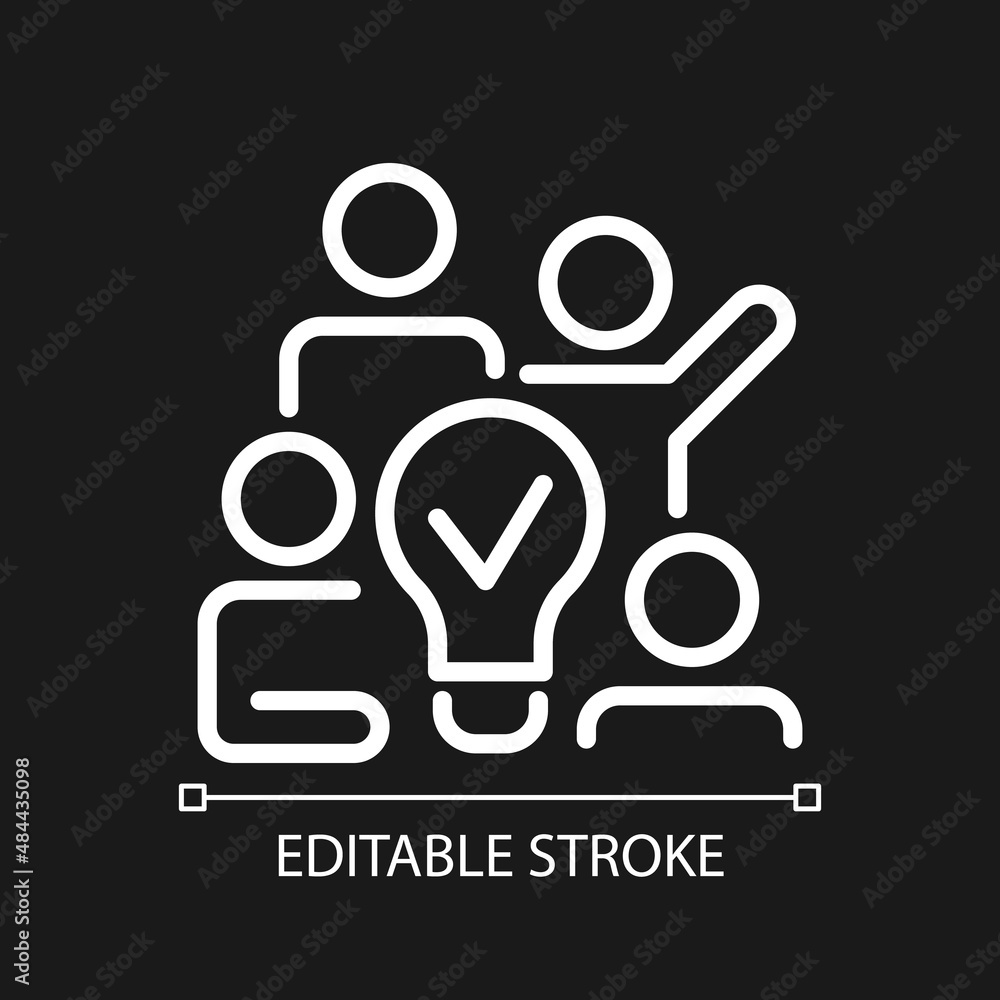 Team brainstorming pixel perfect white linear icon for dark theme. Innovative strategy for group cooperation. Thin line illustration. Isolated symbol for night mode. Editable stroke. Arial font used Team brainstorming pixel perfect white linear icon for dark theme. Innovative strategy for group cooperation. Thin line illustration. Isolated symbol for night mode. Editable stroke. Arial font used