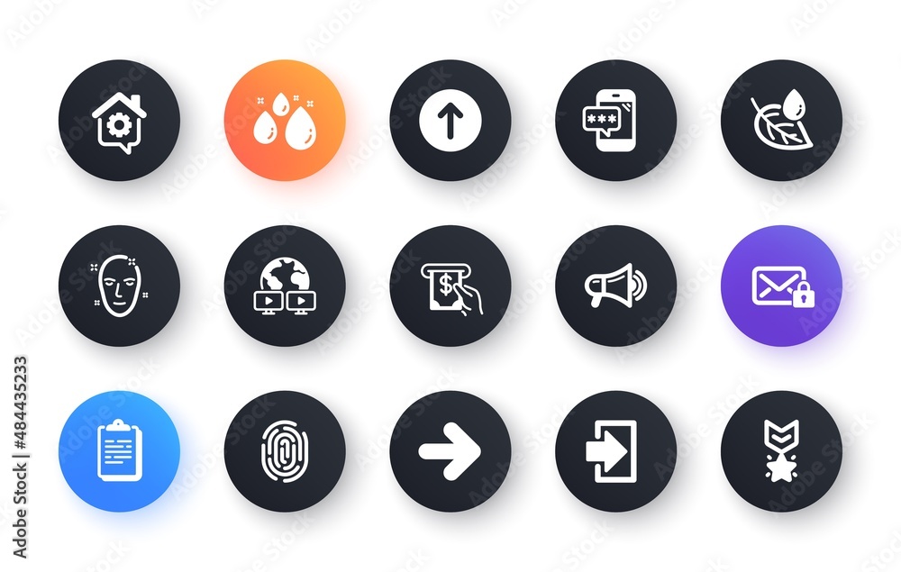 Minimal set of Swipe up, Secure mail and Next flat icons for web development. Health skin, Login, Clipboard icons. Megaphone, Fingerprint, Video conference web elements. Leaf dew. Vector Minimal set of Swipe up, Secure mail and Next flat icons for web development. Health skin, Login, Clipboard icons. Megaphone, Fingerprint, Video conference web elements. Leaf dew. Vector