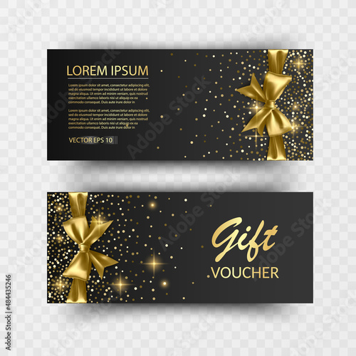 Set of Gift Voucher Card Template, Advertising or Sale. template with glitter texture and realistic bow, vector illustration