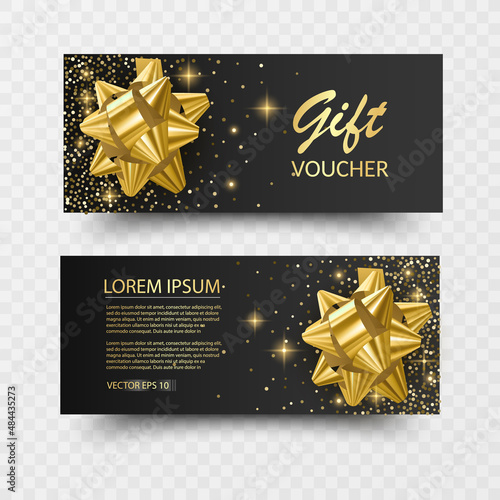 Set of Gift Voucher Card Template, Advertising or Sale. template with glitter texture and realistic bow, vector illustration