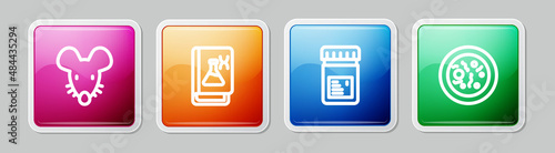 Set line Experimental mouse, Genetic engineering book, Jar with additives and Petri dish bacteria. Colorful square button. Vector