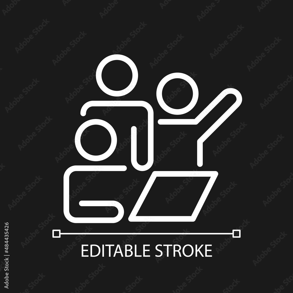 Fototapeta premium Team meeting pixel perfect white linear icon for dark theme. Brainstorming together. Group project. Thin line illustration. Isolated symbol for night mode. Editable stroke. Arial font used