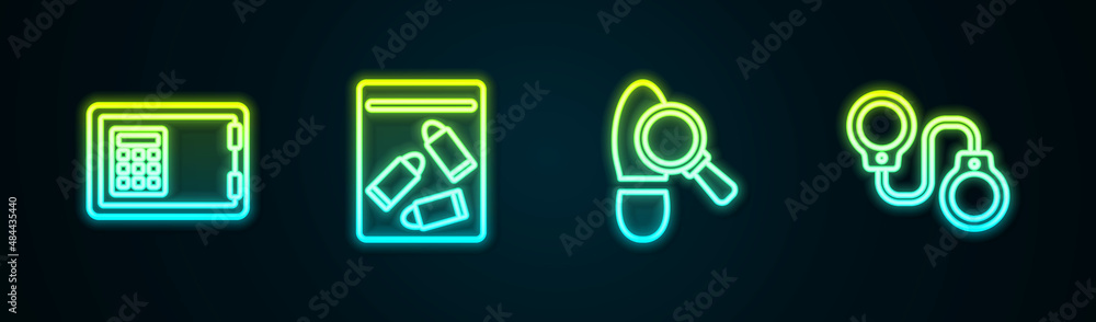 Set line Safe, Evidence bag and bullet, Footsteps and Handcuffs. Glowing neon icon. Vector Set line Safe, Evidence bag and bullet, Footsteps and Handcuffs. Glowing neon icon. Vector