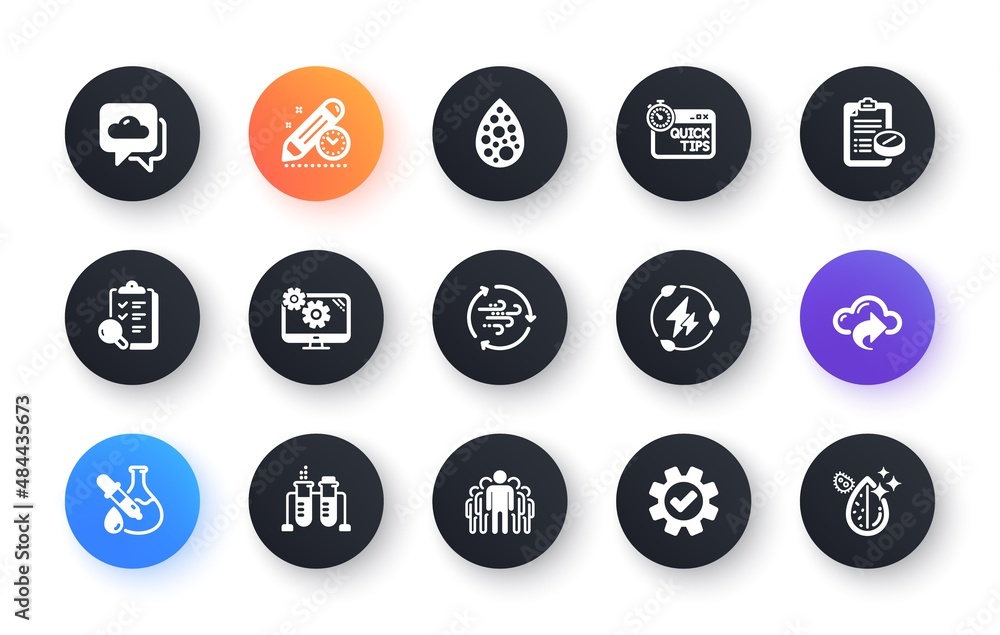 Minimal set of Inspect, Wind energy and Group flat icons for web development. Chemistry experiment, Service, Artificial colors icons. Weather forecast, Quick tips. Circle buttons with icon. Vector