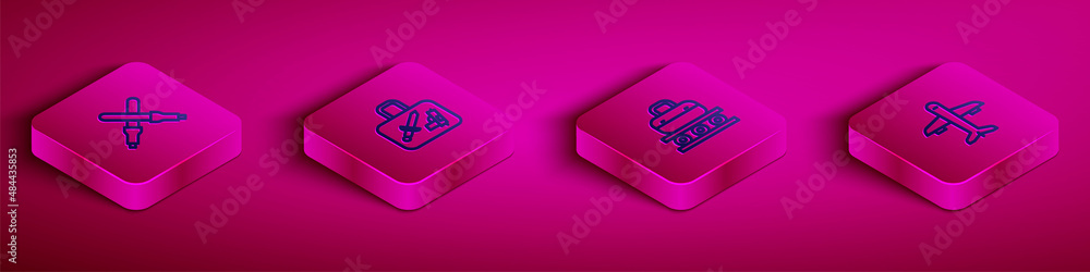 Set Isometric line Marshalling wands, Suitcase, Conveyor belt with suitcase and Plane icon. Vector Set Isometric line Marshalling wands, Suitcase, Conveyor belt with suitcase and Plane icon. Vector