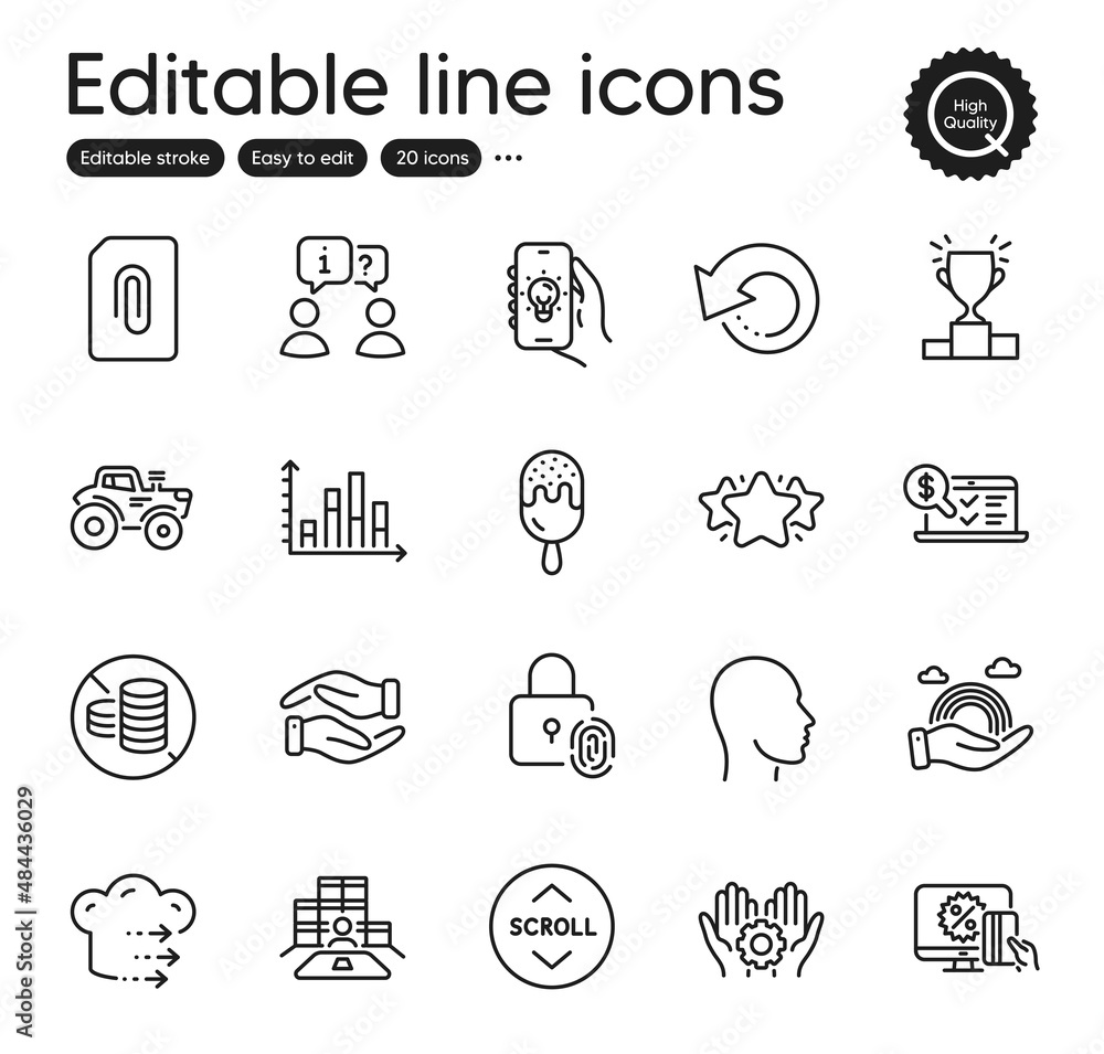 Set of Business outline icons. Contains icons as Interview, Attachment and Tractor elements. Recovery data, Online accounting, Scroll down web signs. Fingerprint lock, Employee hand. Vector Set of Business outline icons. Contains icons as Interview, Attachment and Tractor elements. Recovery data, Online accounting, Scroll down web signs. Fingerprint lock, Employee hand. Vector