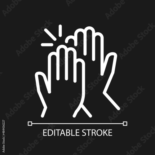 High five pixel perfect white linear icon for dark theme. Success gesture. Productive teamwork. Collaboration. Thin line illustration. Isolated symbol for night mode. Editable stroke. Arial font used