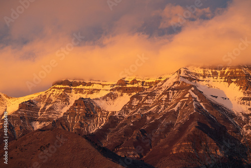 Snow on Timpanogos Mountain during colorful sunset