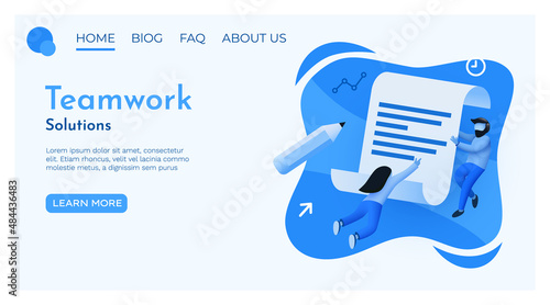 People fly around paper contract. Document, agreement or contract concept. Landing page website template.