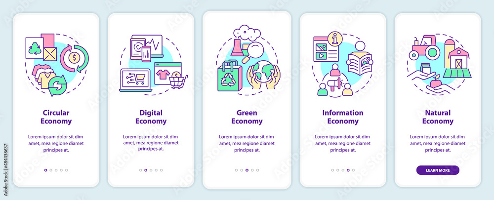 Economy models onboarding mobile app screen. Marketing strategy walkthrough 5 steps graphic instructions pages with linear concepts. UI, UX, GUI template. Myriad Pro-Bold, Regular fonts used Economy models onboarding mobile app screen. Marketing strategy walkthrough 5 steps graphic instructions pages with linear concepts. UI, UX, GUI template. Myriad Pro-Bold, Regular fonts used
