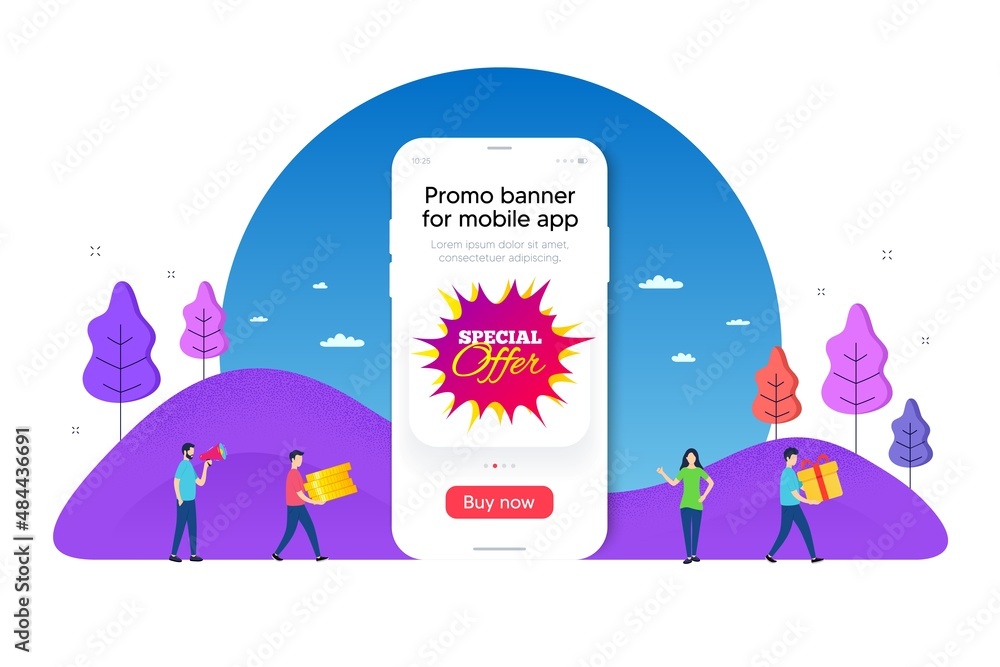 Special offer sticker. Phone ui interface banner. Discount banner shape. Sale coupon bubble icon. Mobile smartphone promo banner. Special offer tag. Man with gift box. Vector Special offer sticker. Phone ui interface banner. Discount banner shape. Sale coupon bubble icon. Mobile smartphone promo banner. Special offer tag. Man with gift box. Vector