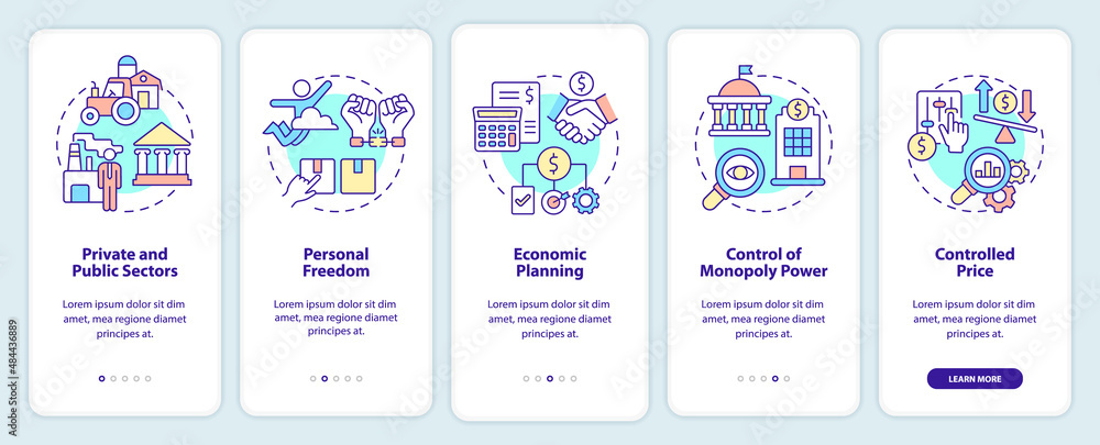 Mixed economy features onboarding mobile app screen. State and business walkthrough 5 steps graphic instructions pages with linear concepts. UI, UX, GUI template. Myriad Pro-Bold, Regular fonts used