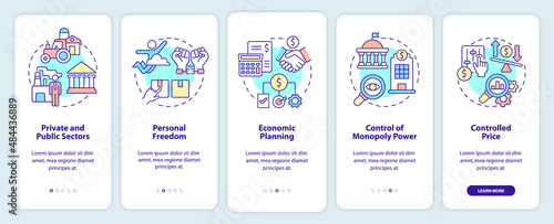Mixed economy features onboarding mobile app screen. State and business walkthrough 5 steps graphic instructions pages with linear concepts. UI, UX, GUI template. Myriad Pro-Bold, Regular fonts used