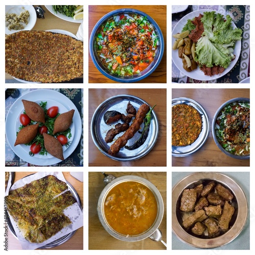 Traditional Turkish foods collage. Turkish cuisine. The popular foods of Gaziantep, Turkey. Ottoman cuisine. Lahmacun, Salad, Beyran Soup, Kusleme, Katmer, Icli Kofte, Cig Kofte and Sis (Susam) Kebab.